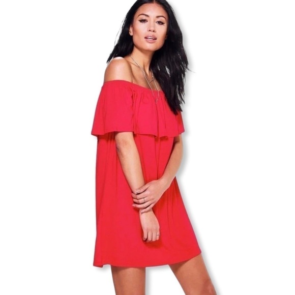 NWT Boohoo Off the Shoulder Cherry Red Swing Dress sz 6 - Picture 8 of 10